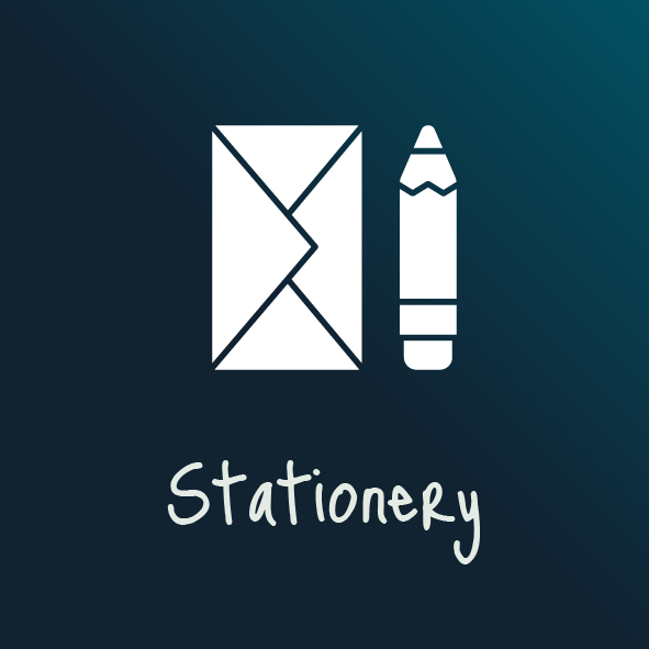 Icon of an envelope and a crayon above the word 'Stationery' on a dark gradient background.