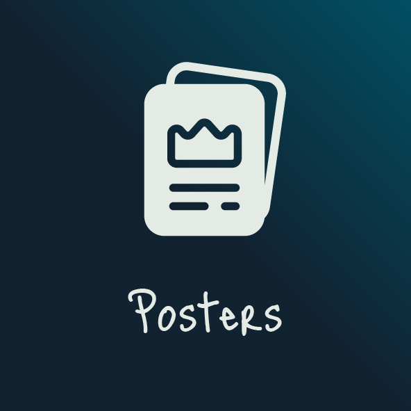 Icon of two posters with a mountain and sun graphic, labeled 'Posters'.