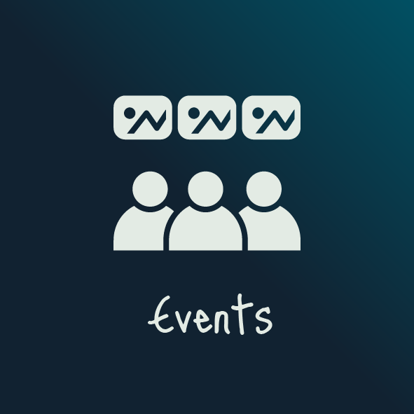 Icon of three people with three speech bubbles above them containing abstract symbols, and the word 'events' written below.