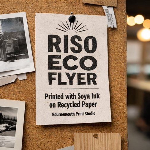 Mono black Riso flyer showcased at event, highlighting sustainable printing and creative design, produced in Bournemouth.