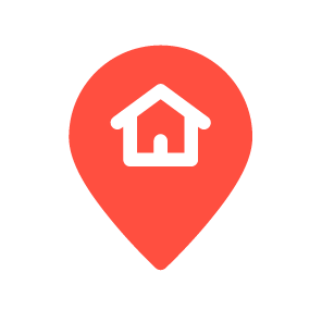 A map marker icon with a house symbol inside, on a red circular background.