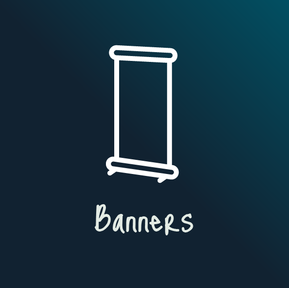 White line drawing of a vertical banner or poster on a dark gradient background with the word 'Banners' written underneath.