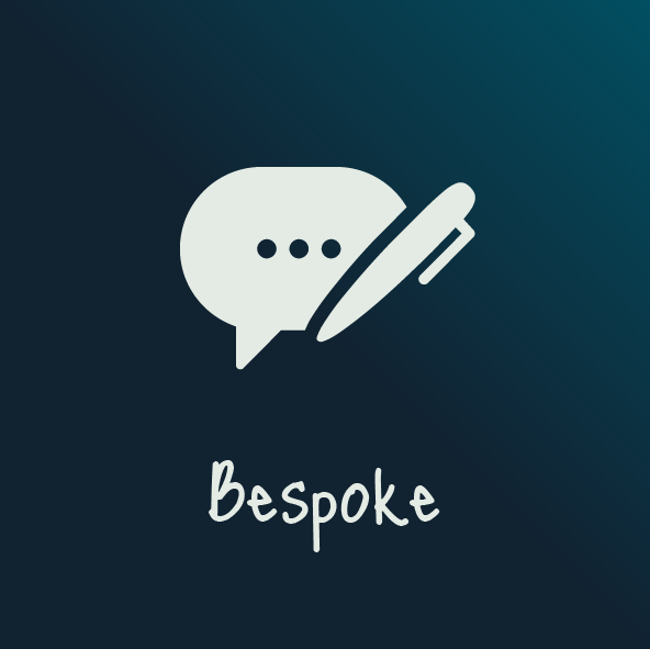 Speech bubble with three dots and a pen, with the word 'Bespoke' beneath, on a dark gradient background.