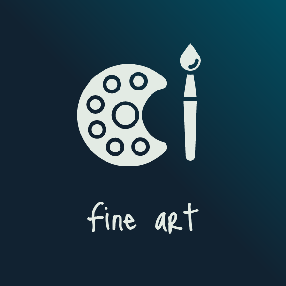 A logo with a painter's palette and brush, and the words 'fine art' underneath, representing fine art or painting.