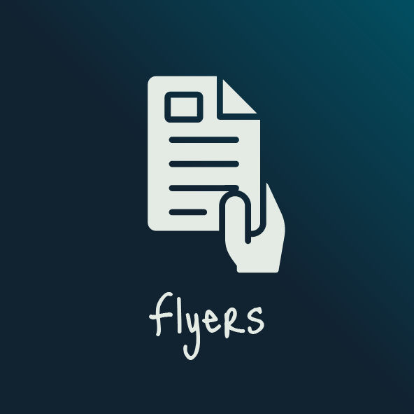 Icon of a hand holding a flyer, with the word 'flyers' written underneath.