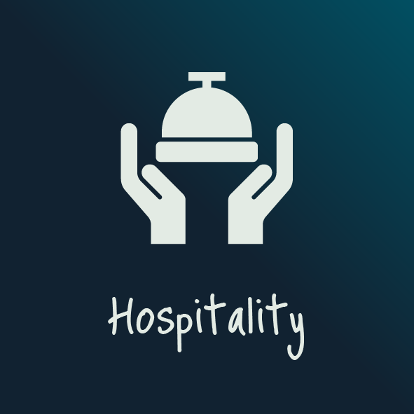 Icon of two hands holding a cloche with the word 'Hospitality' beneath it.