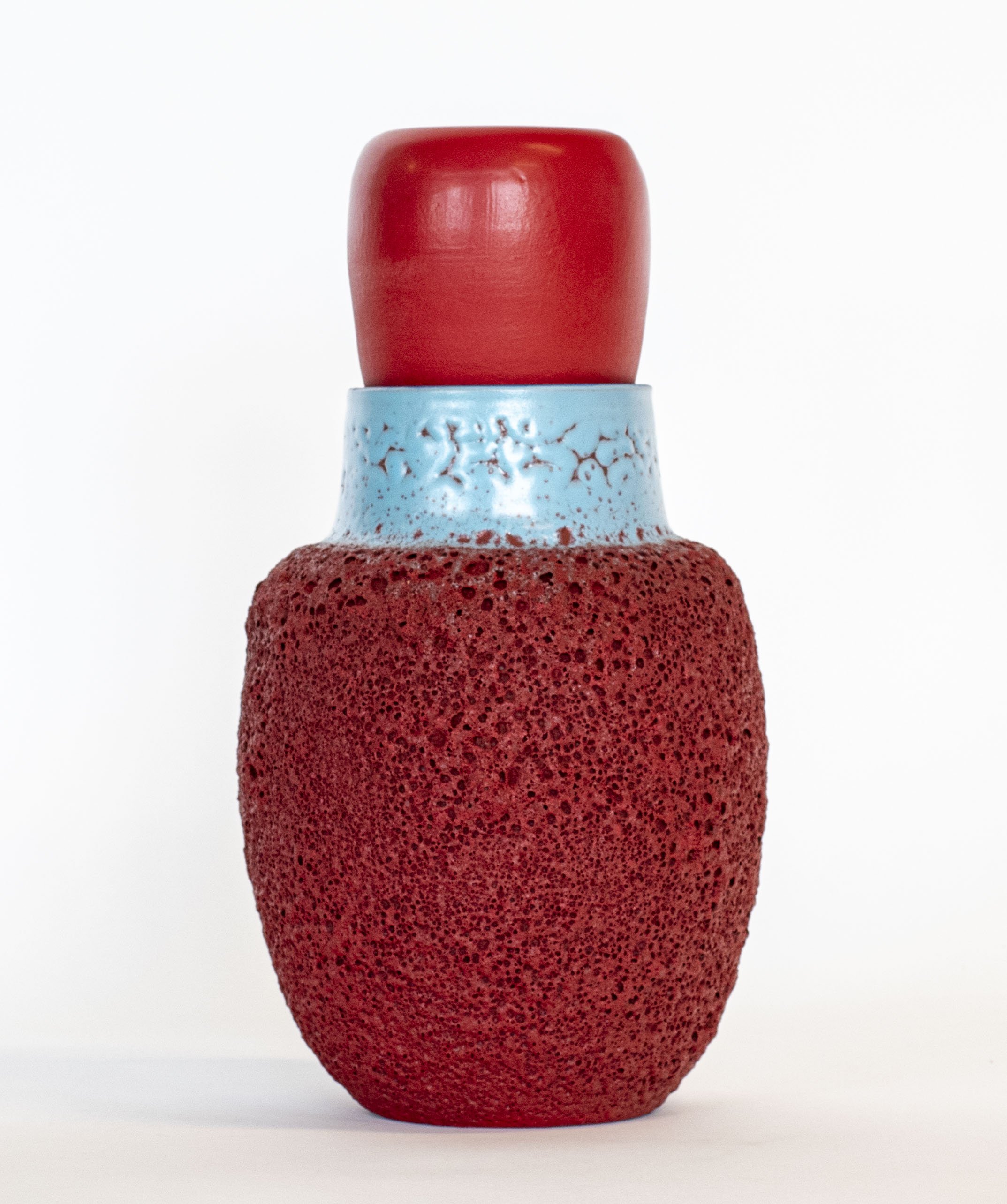  Urn (red - robin's egg)  stoneware, glaze 13" x 7" x 7"   