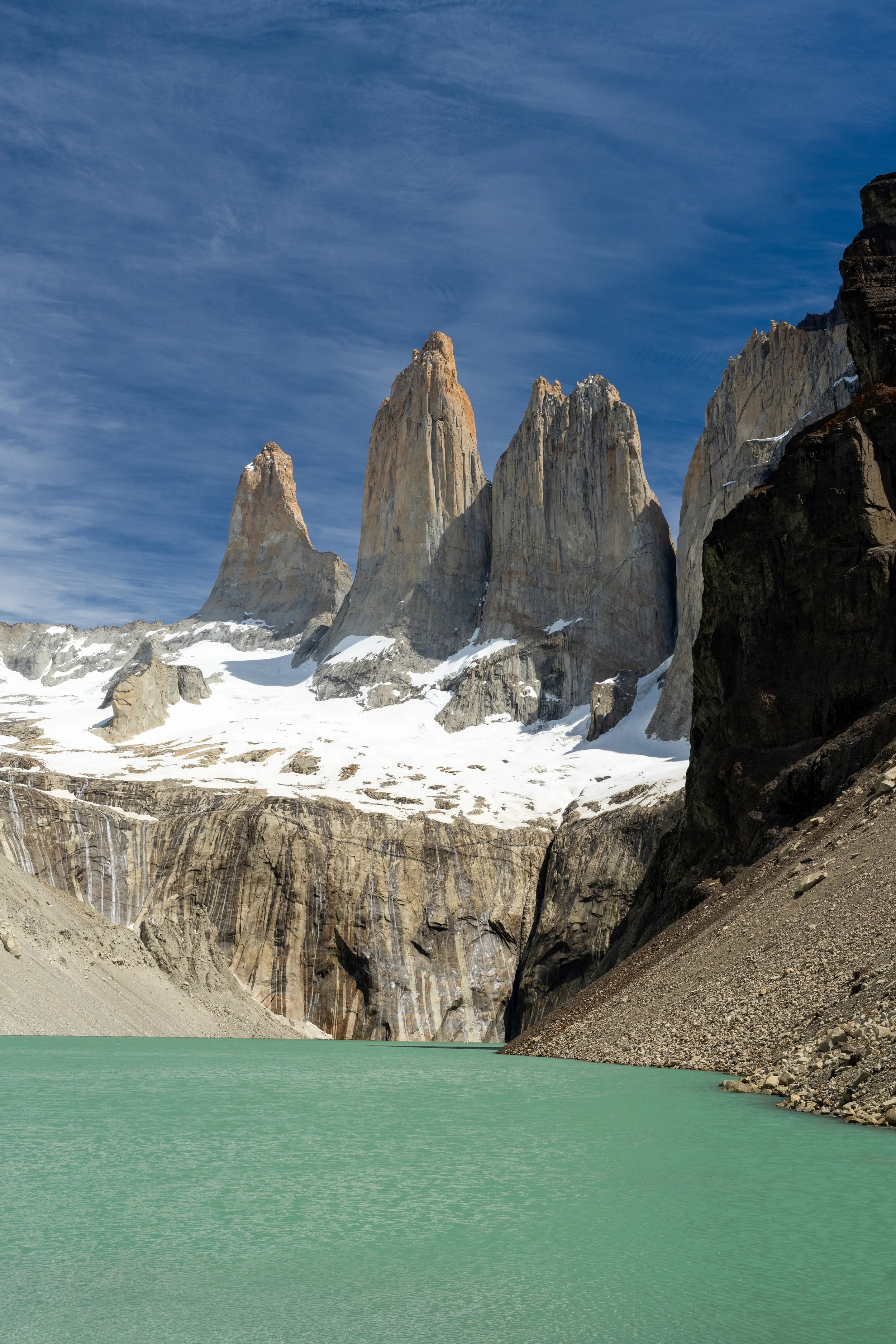 Torres del Paine granite towers with turquoise lake, Patagonia