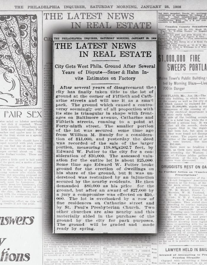  Despite this progress, settlement on the properties did not finalize until early 1908. The reason for the delay? A January 25, 1908 Philadelphia Inquirer headline reveals, “THE LATEST IN REAL ESTATE NEWS: City Gets West Phila. Ground After Several Y