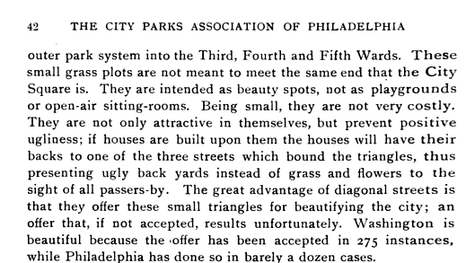 The following month the CPA published its annual report listing CAIA as a member organization and with a specific section dedicated to the importance of small triangular parks along Baltimore Avenue, Lansdowne Avenue, Ridge Avenue, Passyunk Avenue, and others.