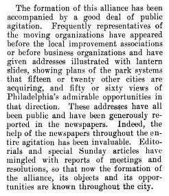  A 1904 article titled, “The Comprehensive Park Movement in Philadelphia,” written by Andrew Wright Crawford secretary of the CPA and appearing in the New York journal Charities details the alliance’s favored tactics. 