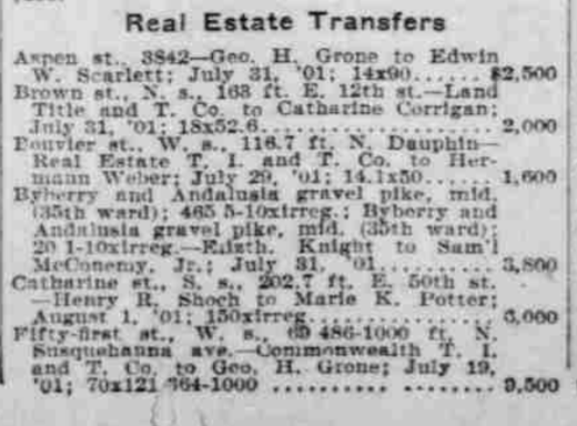In August 1901, The Philadelphia Inquirer noted at last the sale by Shoch for $3,000 of an irregular portion of the triangle - 202 feet of Catharine Street frontage closest to 50th Street - to Marie K. Potter, wife of Edward W. Potter a local realtor. The land probably held particular appeal to the Potters given Edward’s business office location at 4904 Baltimore Avenue.