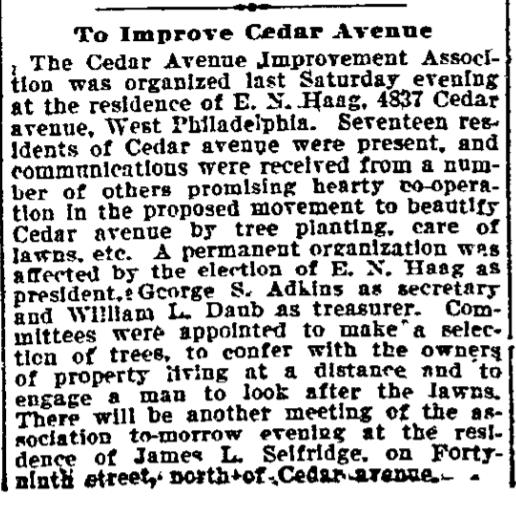  During this period, the neighborhood saw rapid and often speculative tract development of single family homes and the Baltimore Avenue commercial corridor. Seeking amenities from the city, neighbors formed the Cedar Avenue Improvement Association (C