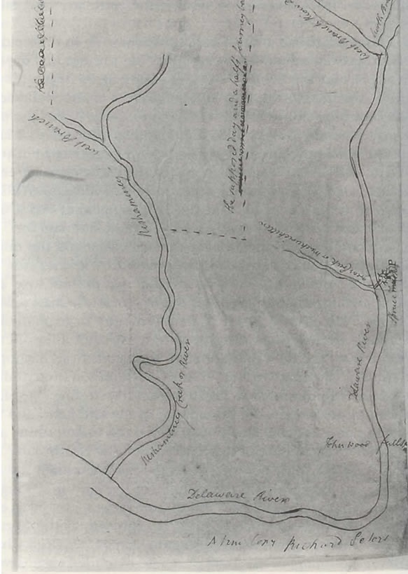 Certainly, any proper neighborhood history must first acknowledge and lament those unjustly prevented from having a part of that history. Prior to European contact, disease, and violence, this land was inhabited for centuries by the Lenape, a nomadic people belonging to the Algonquian language family. Greatly reduced in number by 18th century smallpox outbreaks and largely driven from their ancestral homeland by colonizing attacks, the Lenape went on to create communities in the Midwest with small populations remaining in parts of Pennsylvania, New Jersey, and New York. (Image: distorted map drawn by Andrew Hamilton to convince the Lenape falsey the Pennsylvania Walking Purchase route was fair.)