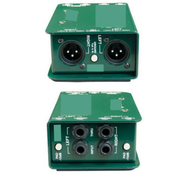 A typical DI box - this one is a stereo DI which can handle two signals at once. Note the balanced XLR outputs (top) and the unbalanced, 1/4" jack inputs (bottom).