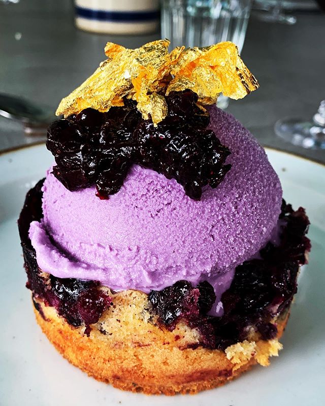 Purple Rain 💜 Alex&rsquo;s homemade blueberry tart &amp; homemade blueberry ice cream &amp; homemade blueberry compote flecked with gold leaf purchased on the internet by me #fromeachaccordingtotheirability 😈☂️