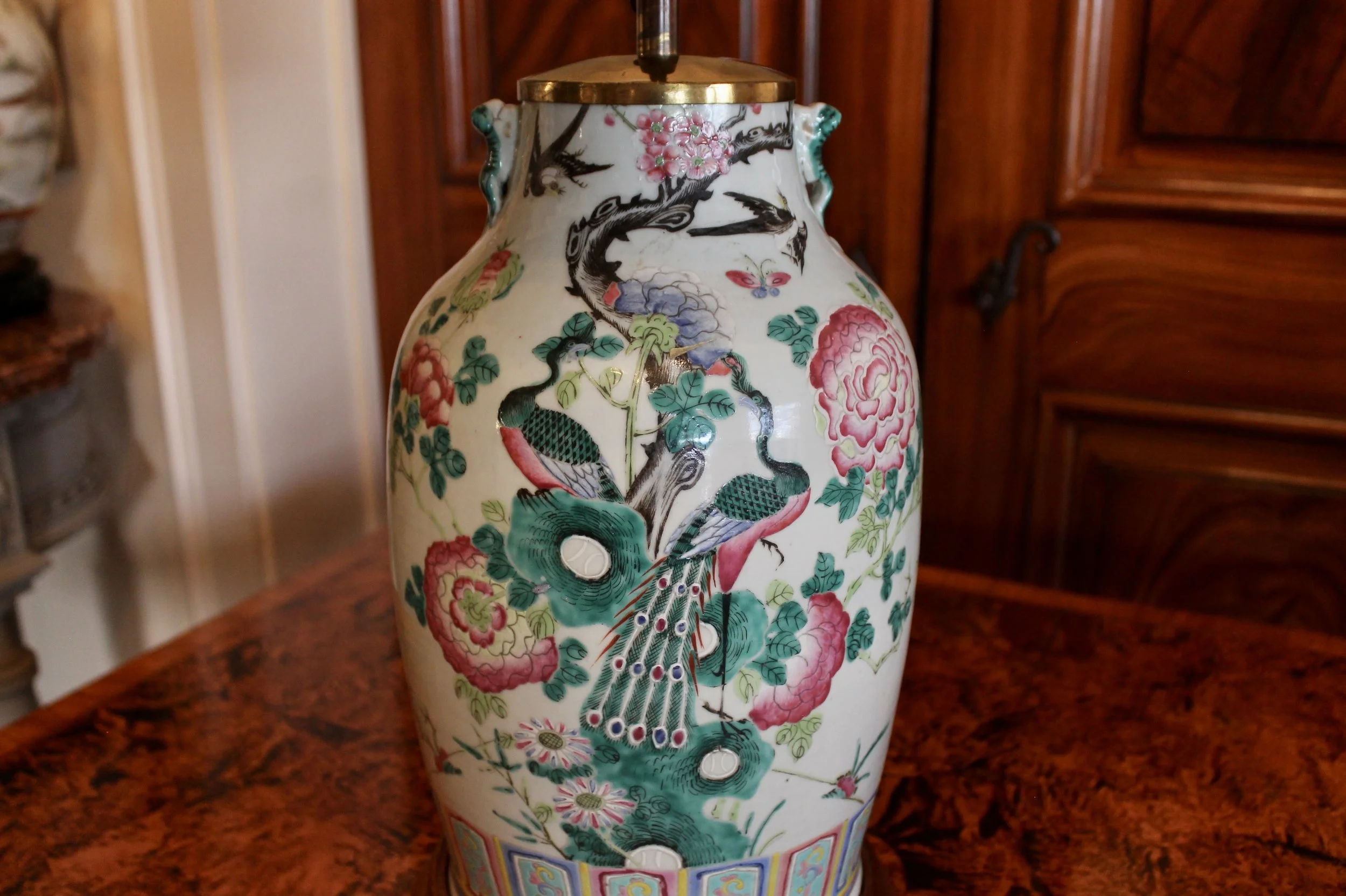 Famille Rose Chinese Porcelain Lamp with Peacocks