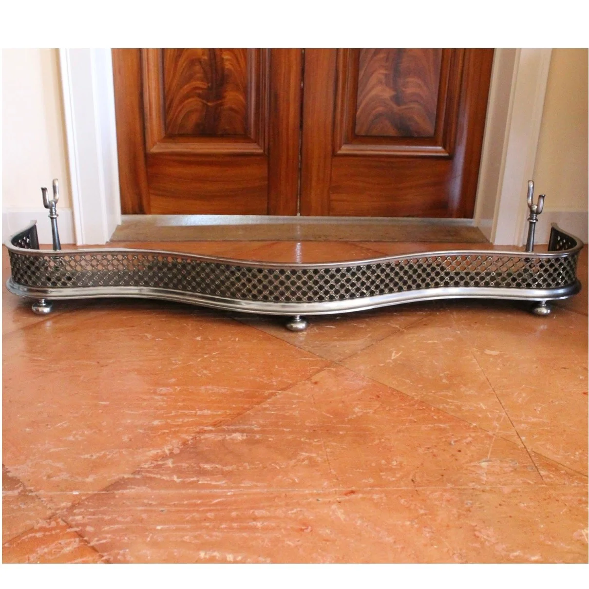 Antique-English-Polished-Steel-and-Brass-Fretwork-Fender (1)