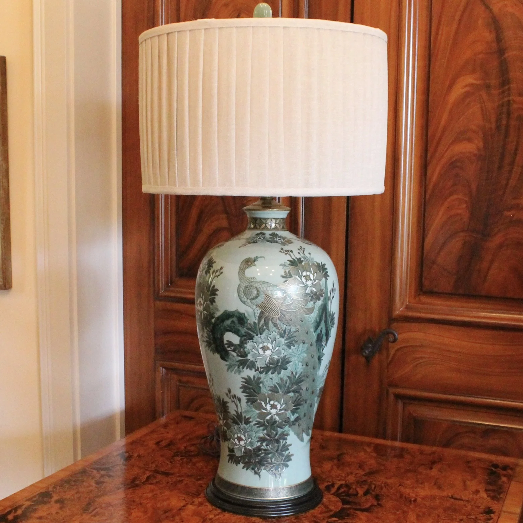 Japanese Satsuma celadon Peacock Lamp
