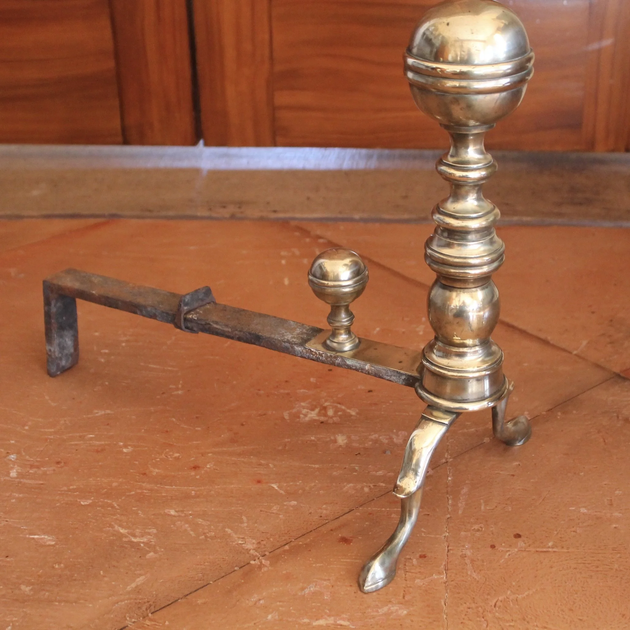 Pair of American Federal Brass Ball Topped Andirons