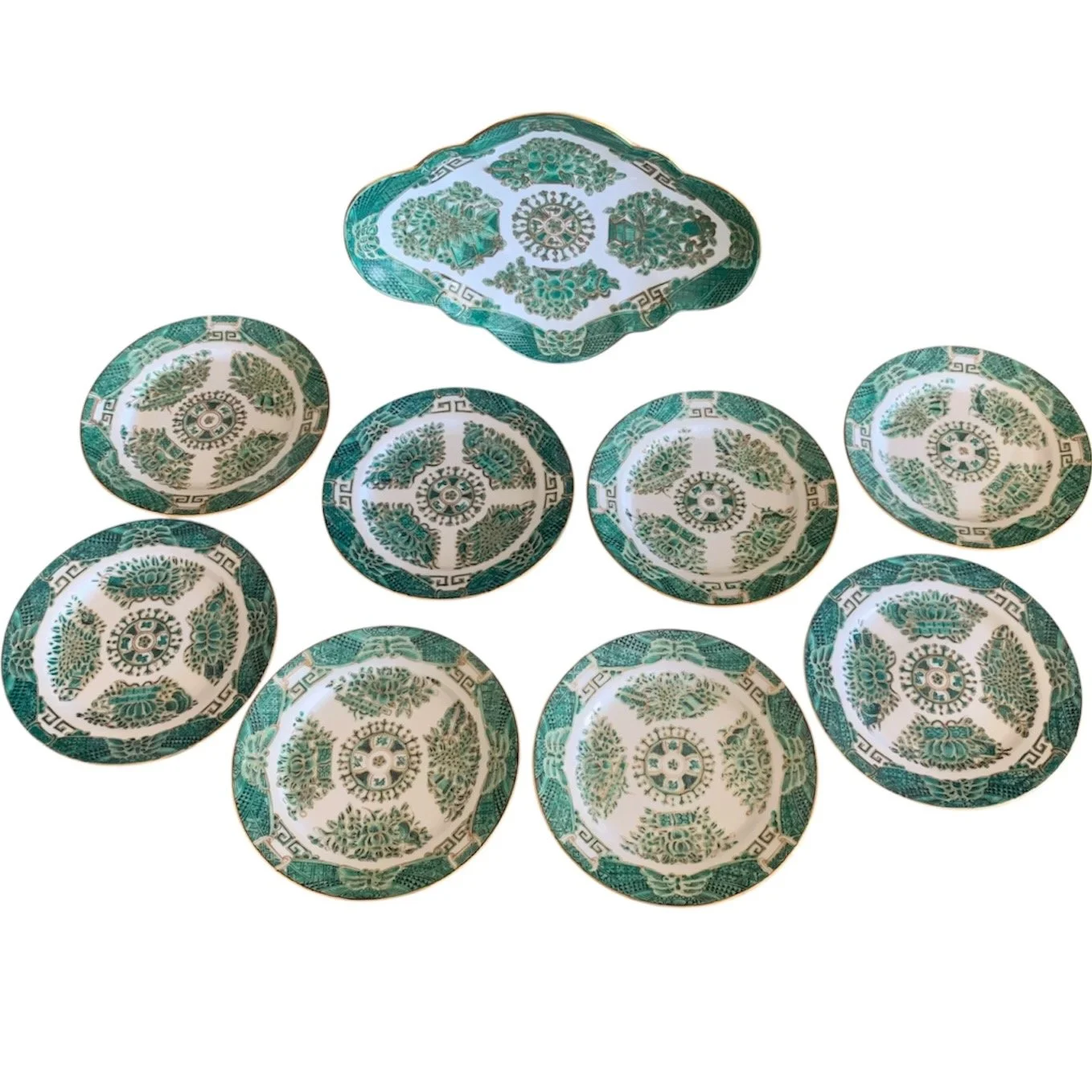 Set of Eight Green Fitzhugh Porcelain Butter Plates along with a Serving Dish