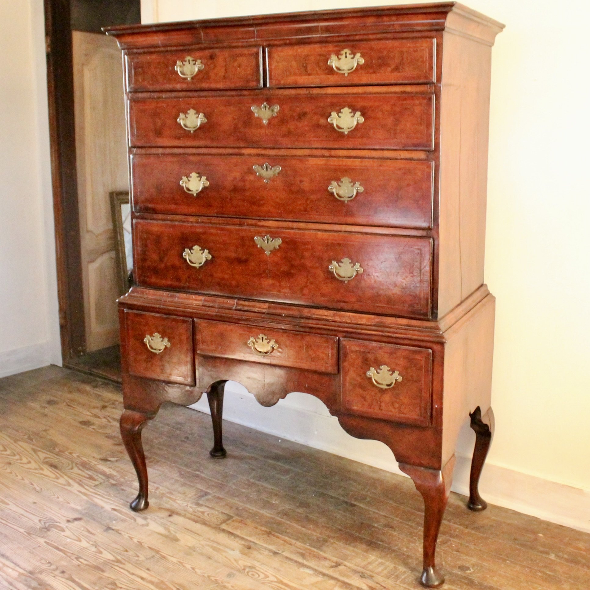 Georgian English Burl Walnut Highboy Chest on Stand