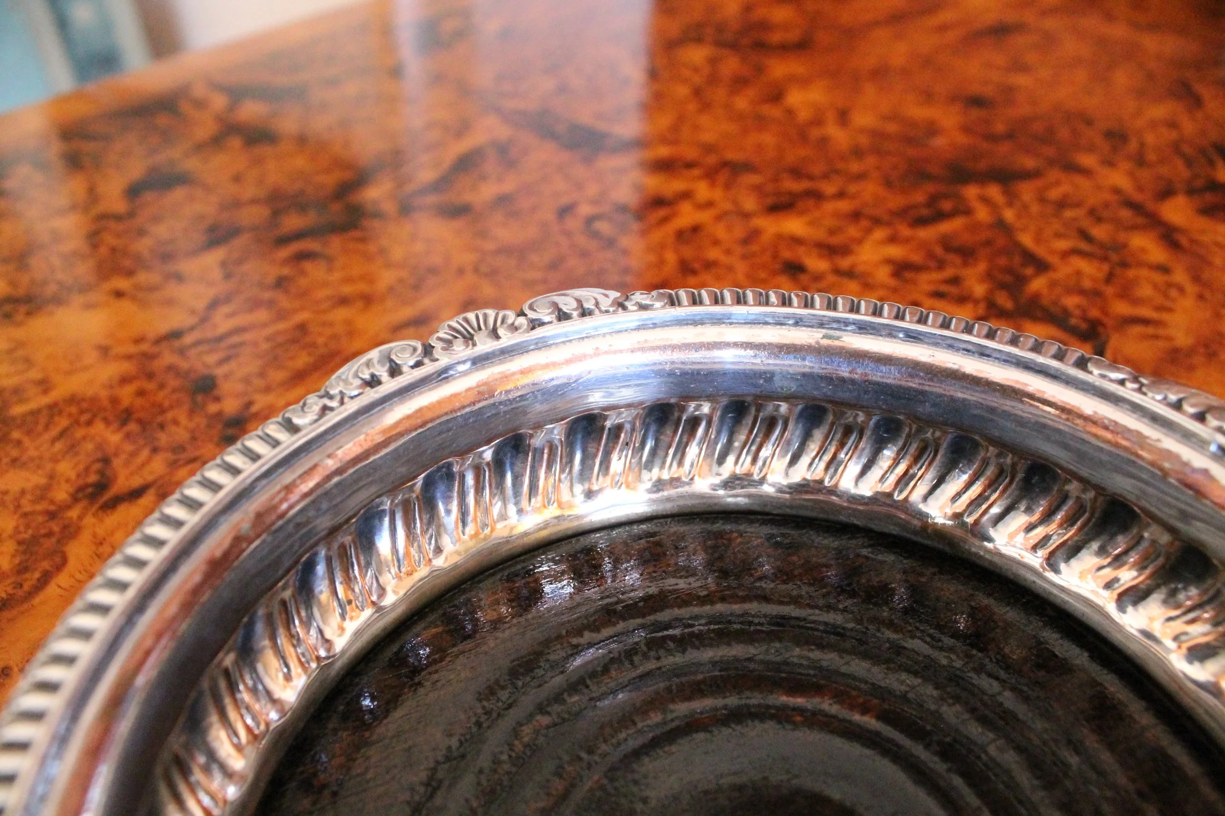 English Silver on Copper Gadrooned Wine Bottle Coasters, pair