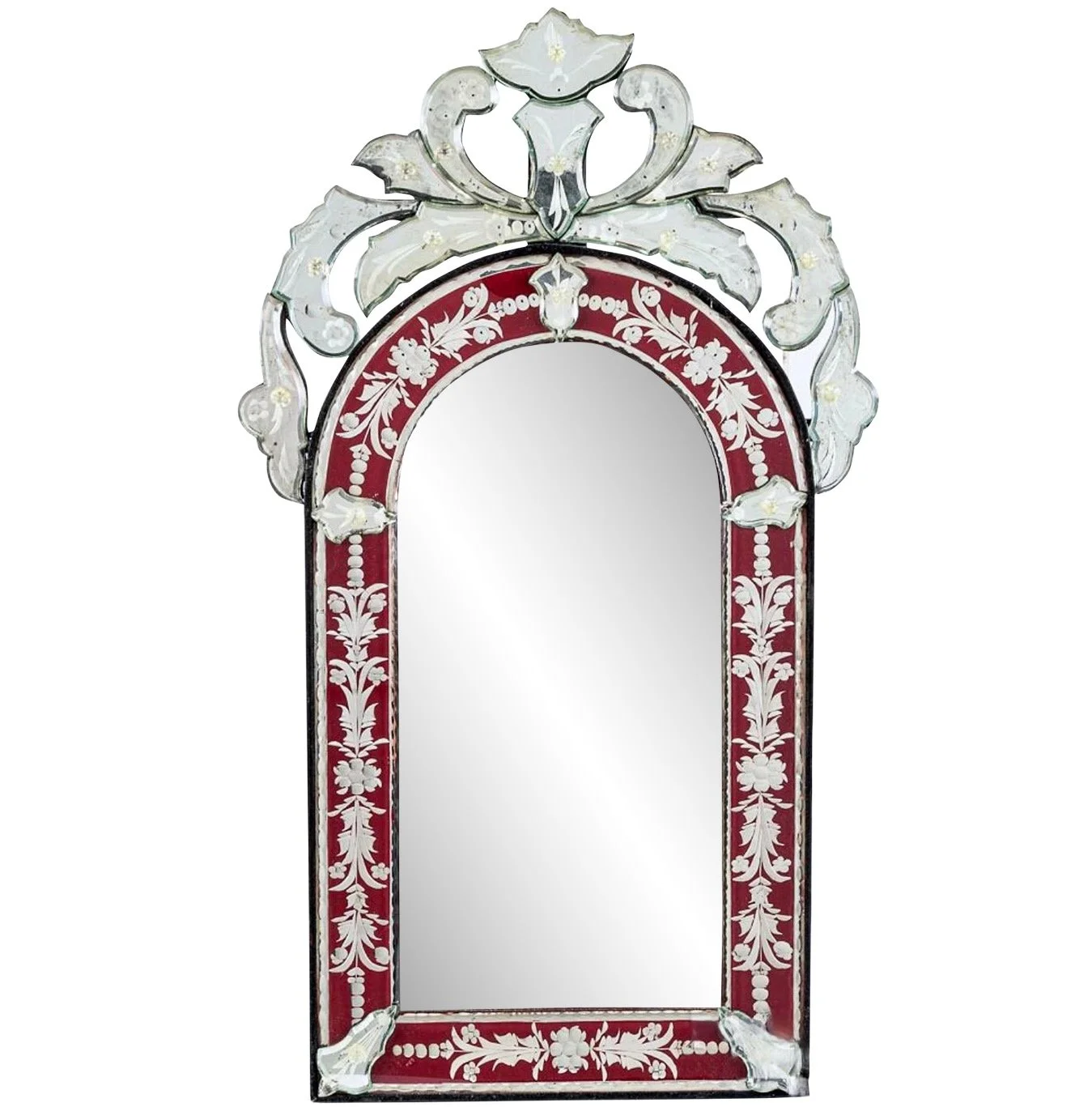 Small Venetian Red and Clear Glass Mirror with Engraved Designs