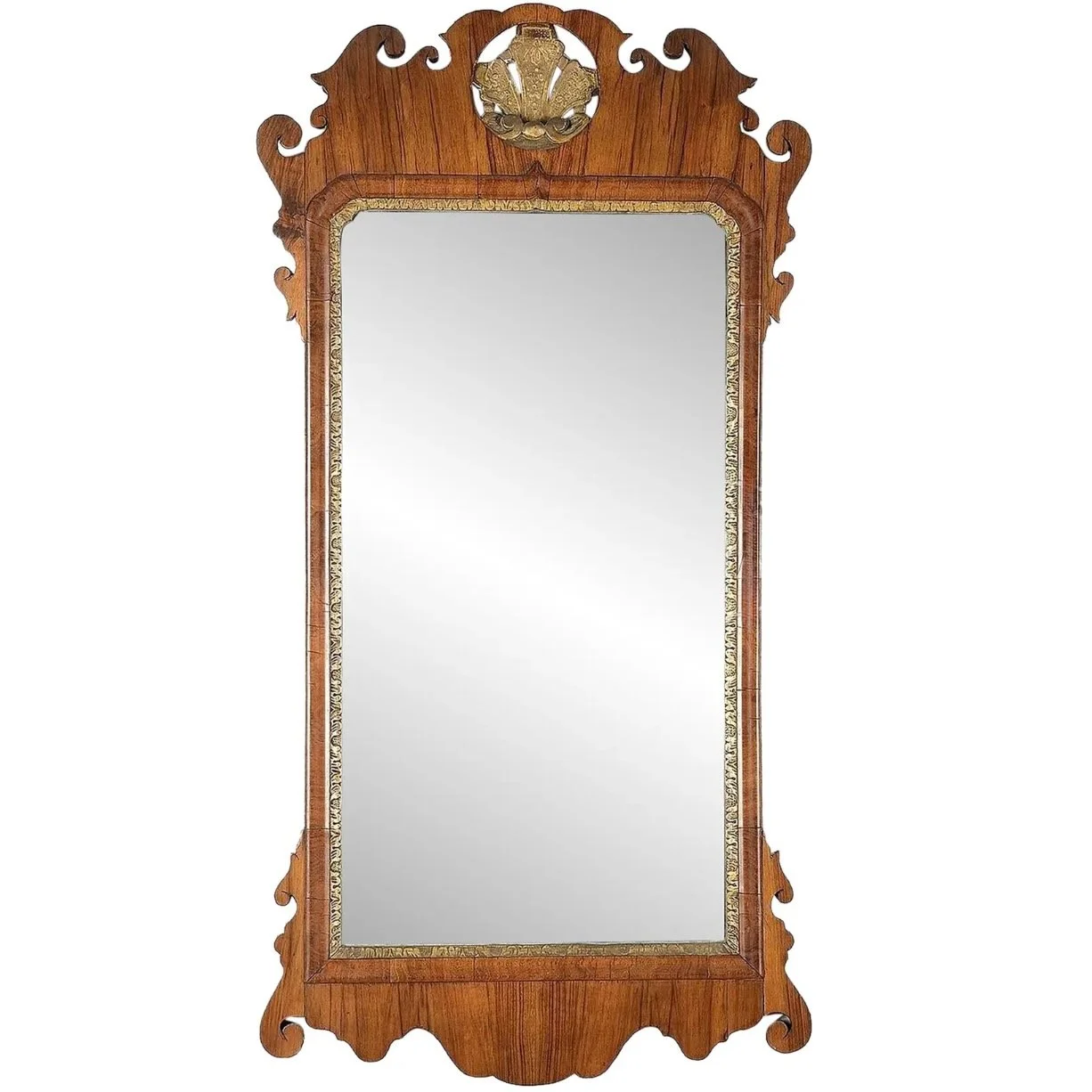 George II Period Walnut And Parcel Gilt Mirror With Carved And Gilt Shell Crest