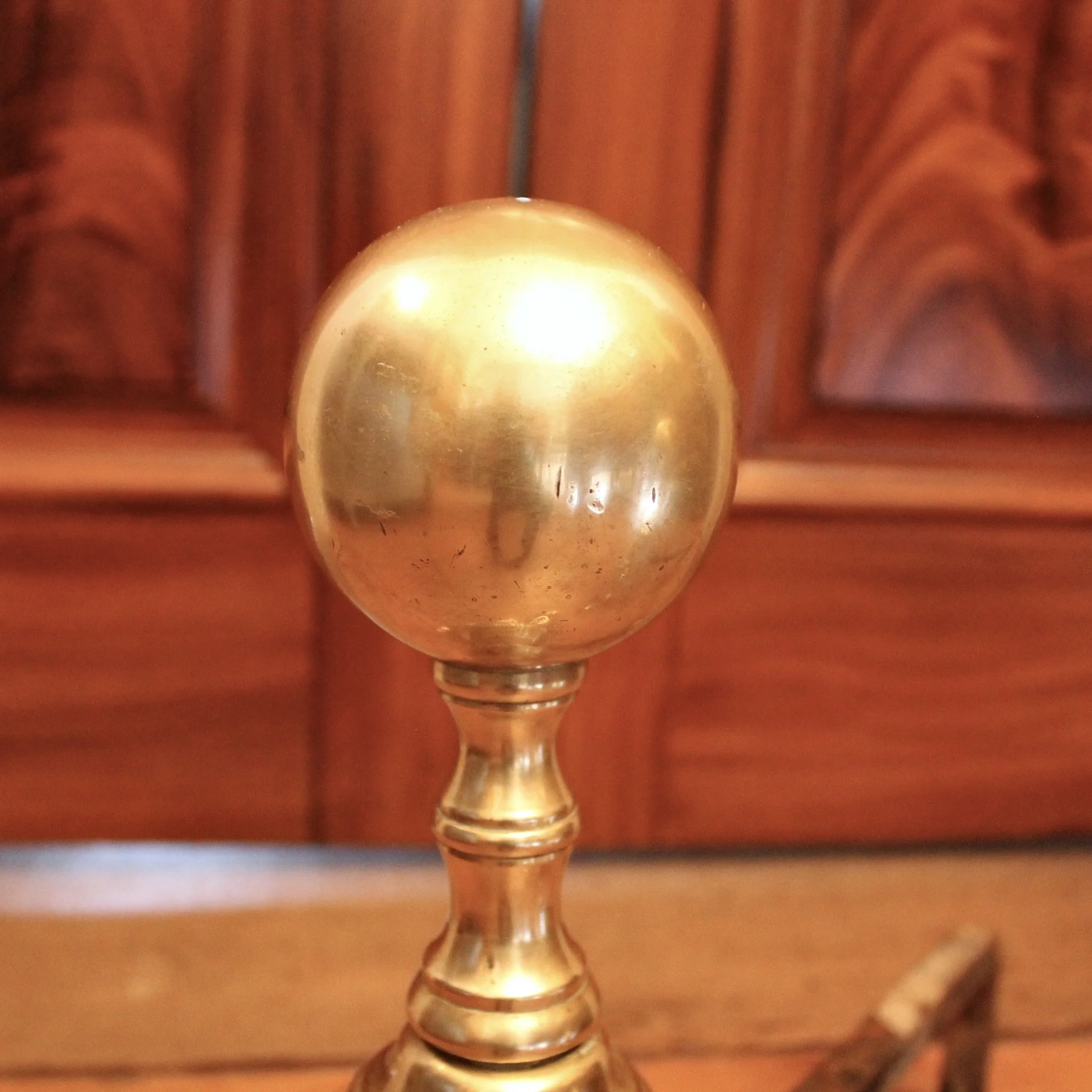 Pair of Antique American Cannon Ball Top Brass Andirons