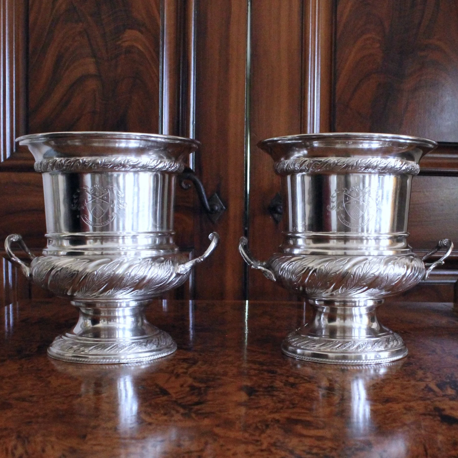 English Silver Plate Campagna Urns,  Champagne / Wine Coolers