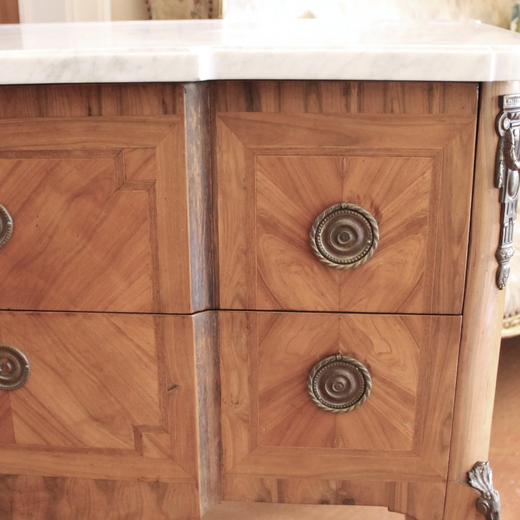 French Transitional Marquetry Commode With Marble Top