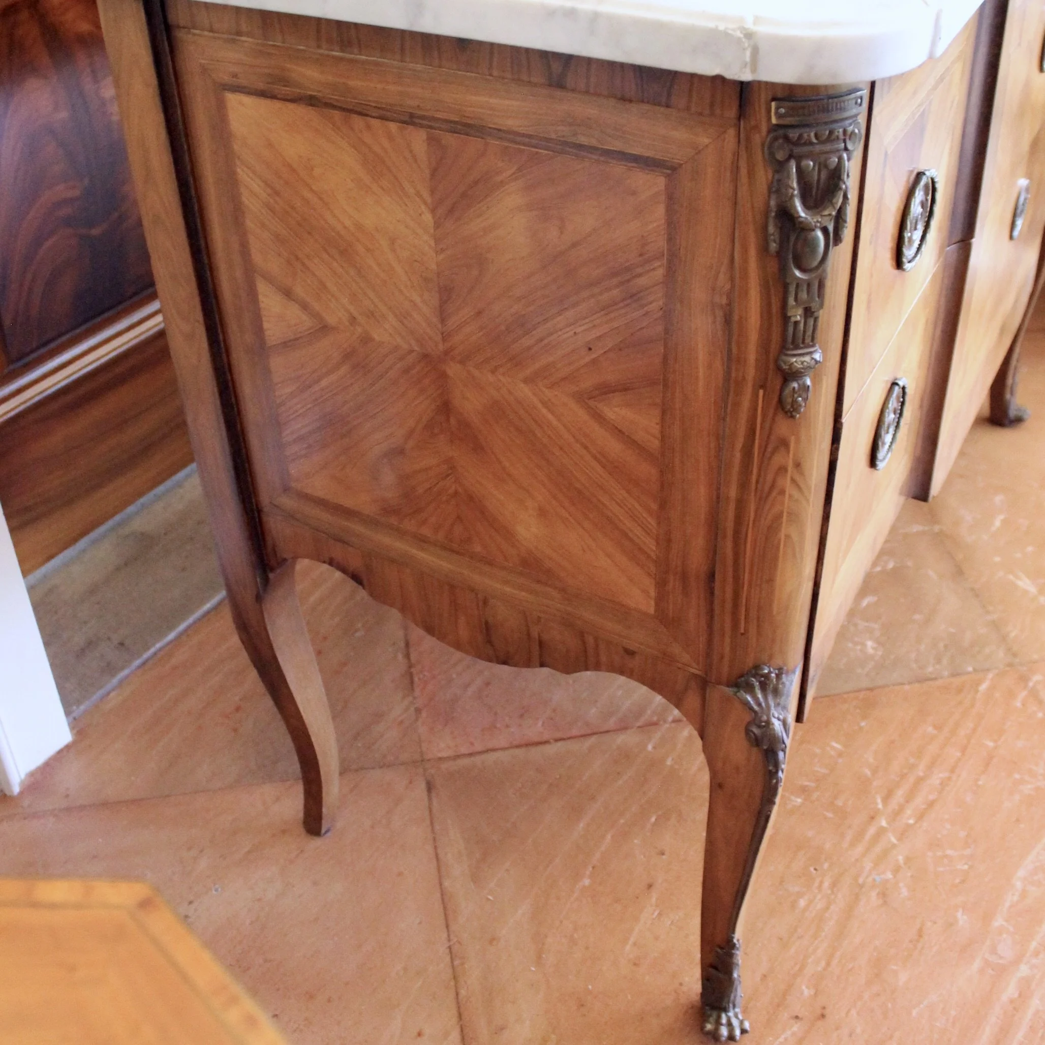 French Transitional Marquetry Commode With Marble Top