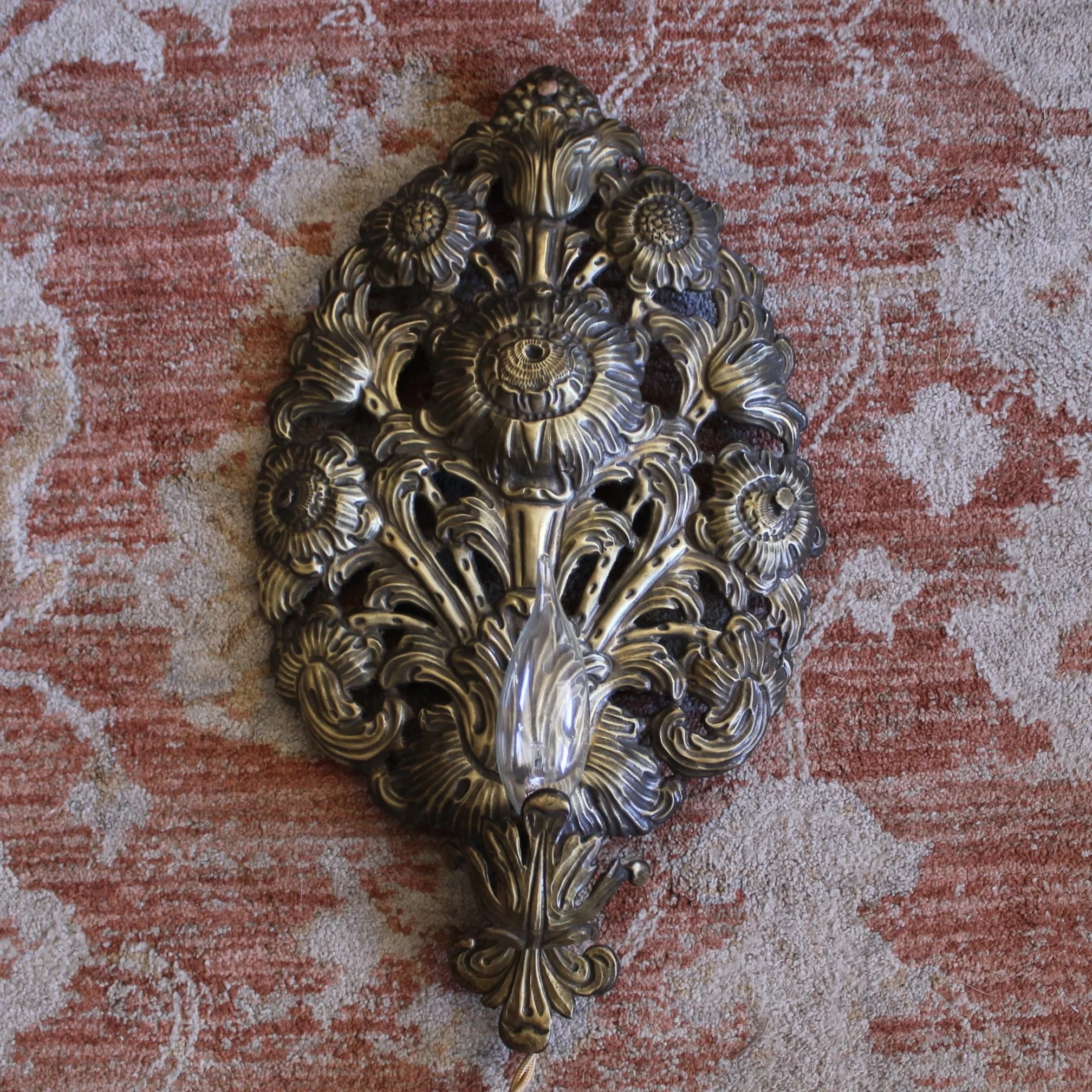 Pair Antique Brass Repoussé Sconces