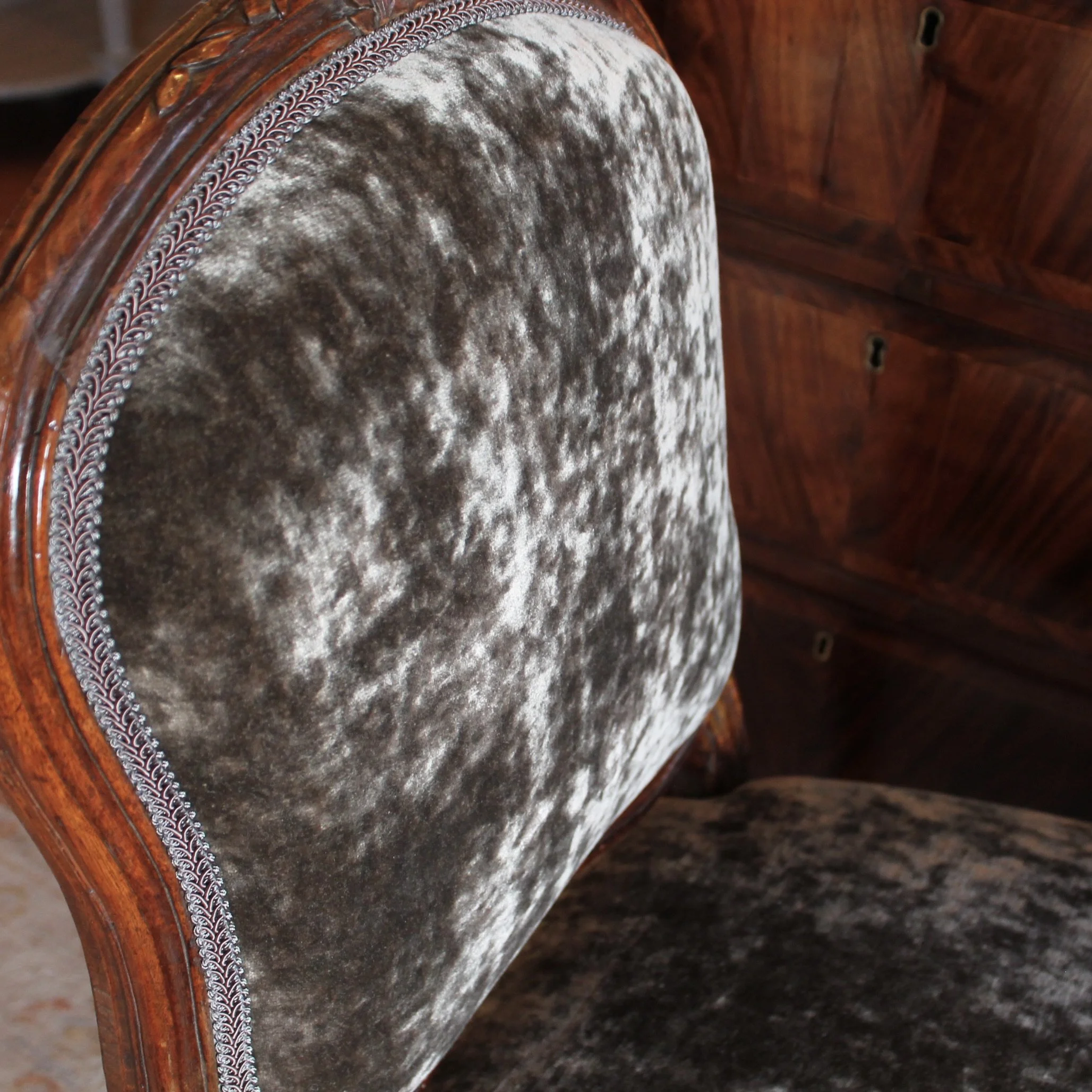 Louis XV Period Slipper Chair, Grey Velvet