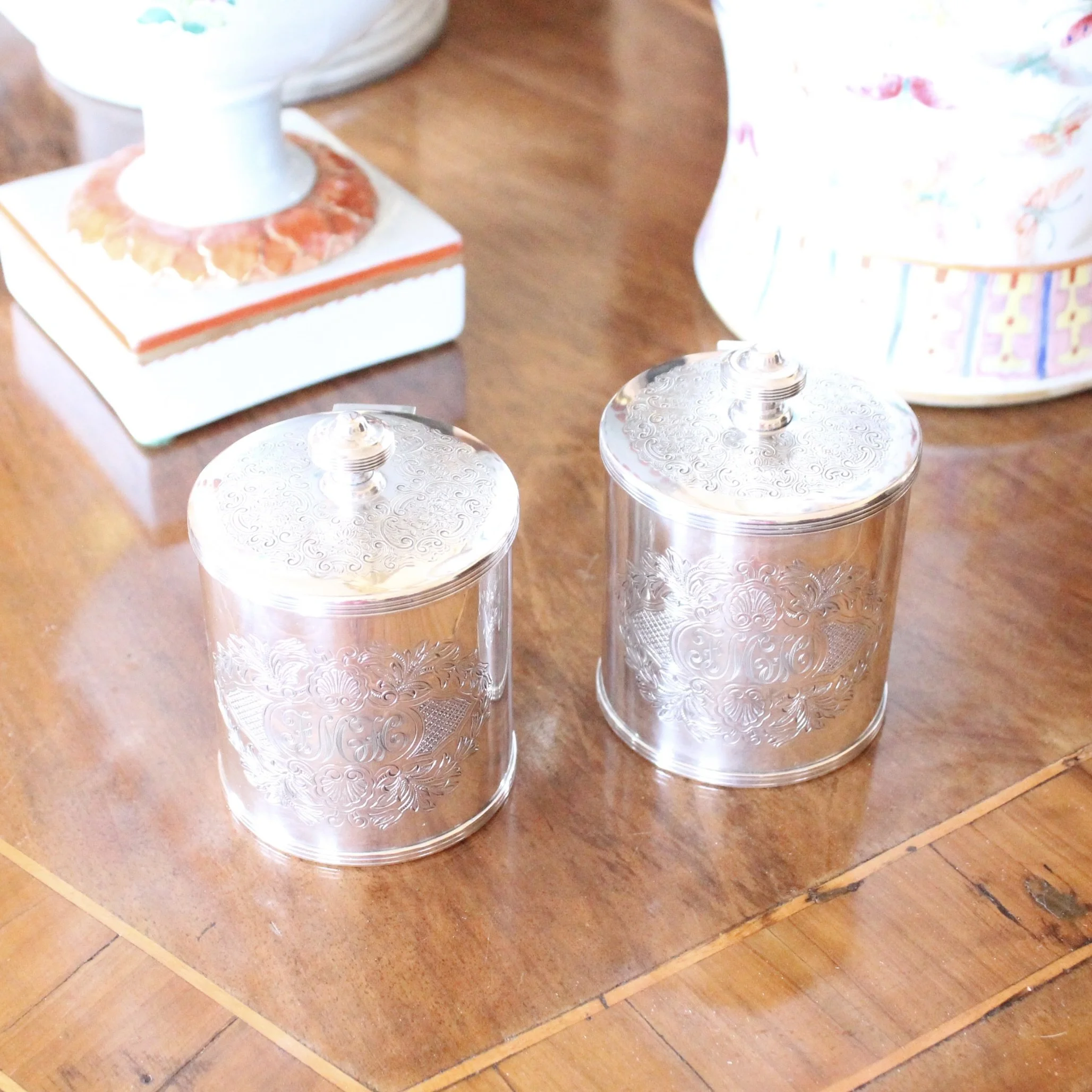 Pair of English Silver Plate Tea Caddies, Henry Birks and Sons