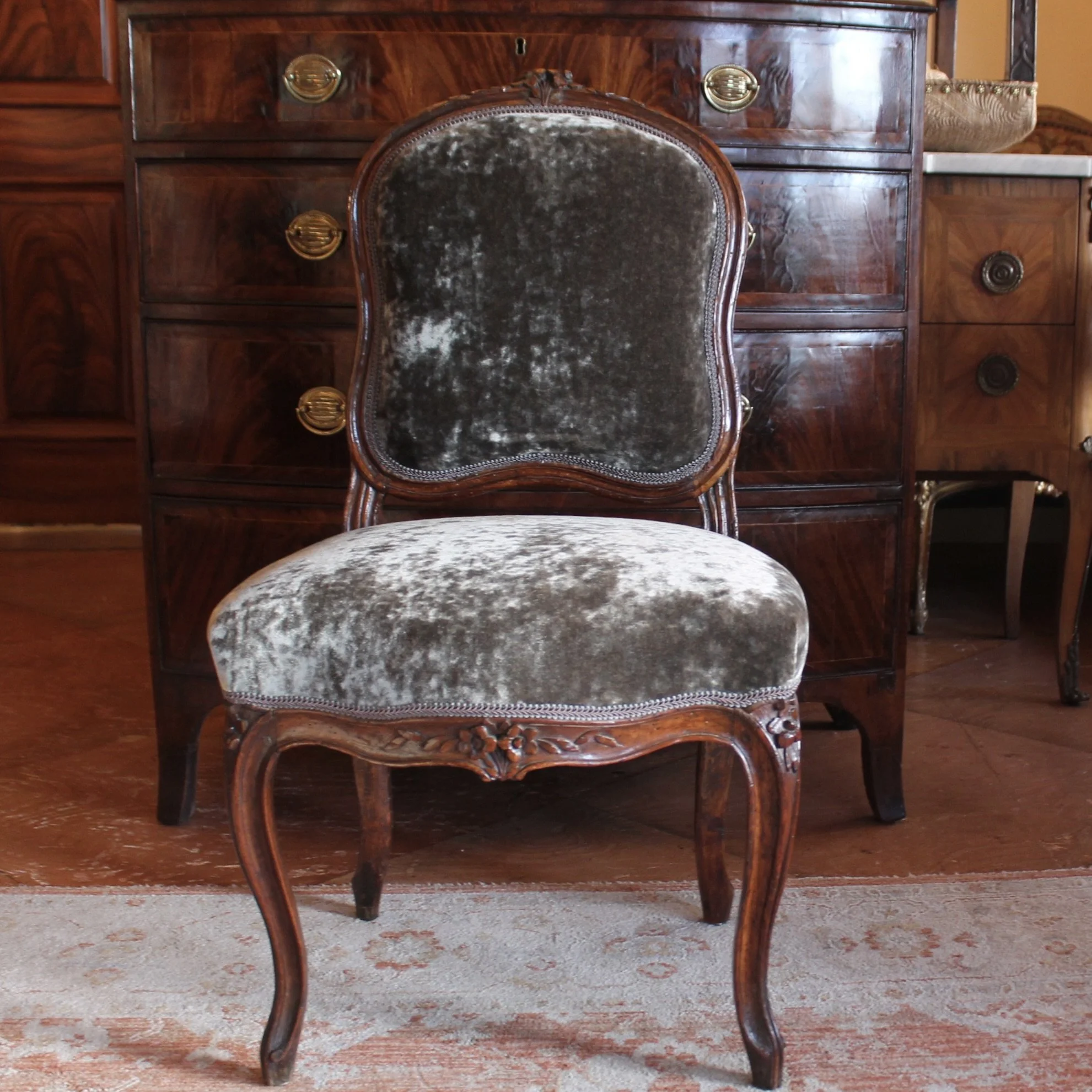 Louis XV Period Slipper Chair, Grey Velvet
