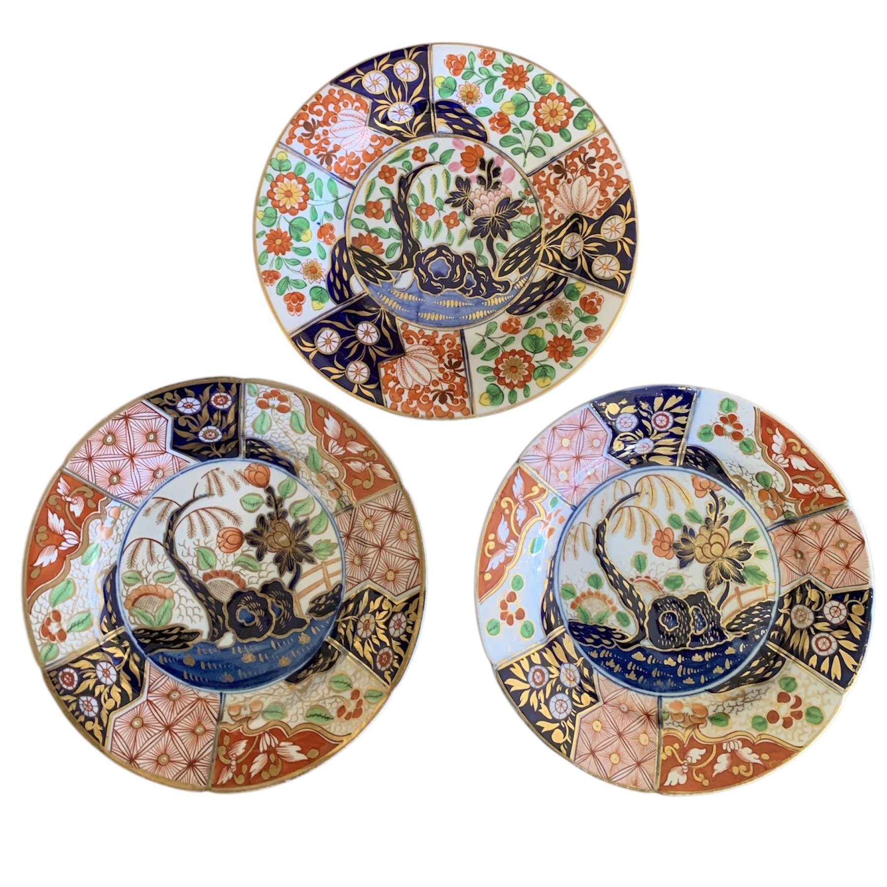 English Coalport Gilt Imari Porcelain Plates "Rock and Tree" or "Money Tree" Pattern - Set of Three