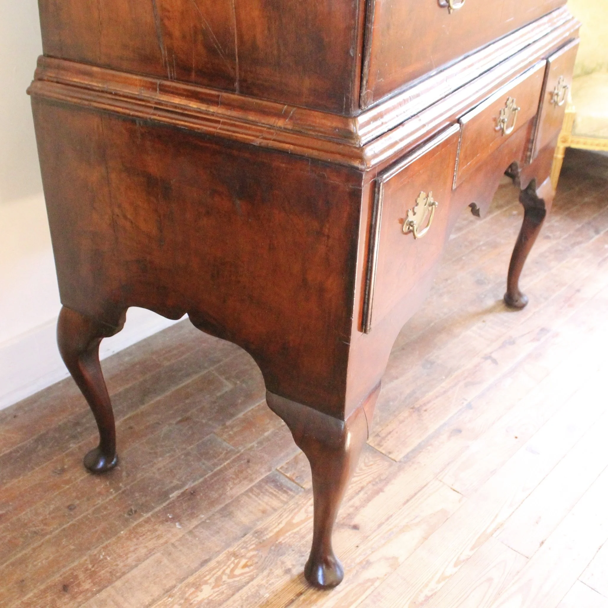 Georgian English Burl Walnut Highboy Chest on Stand