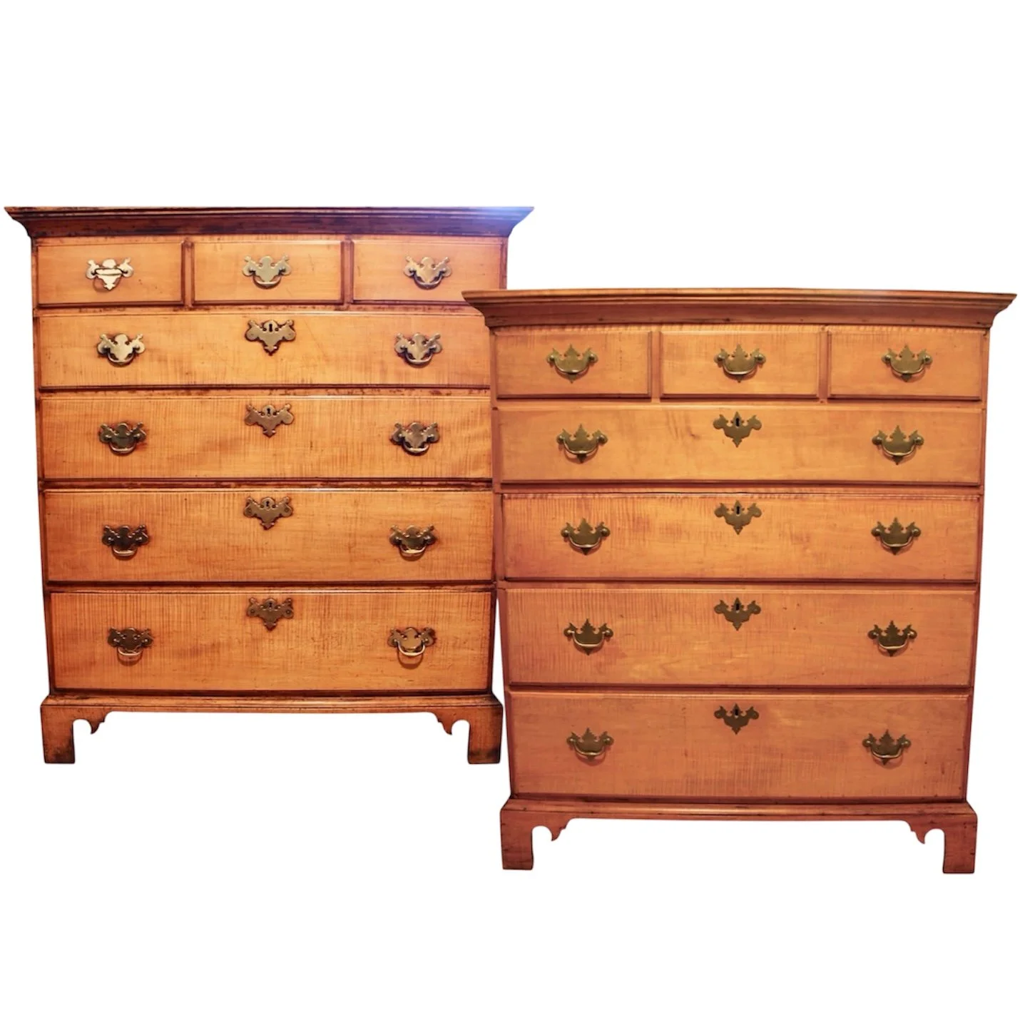 Pair Tall New England Tiger Maple Chippendale Chests of Drawers