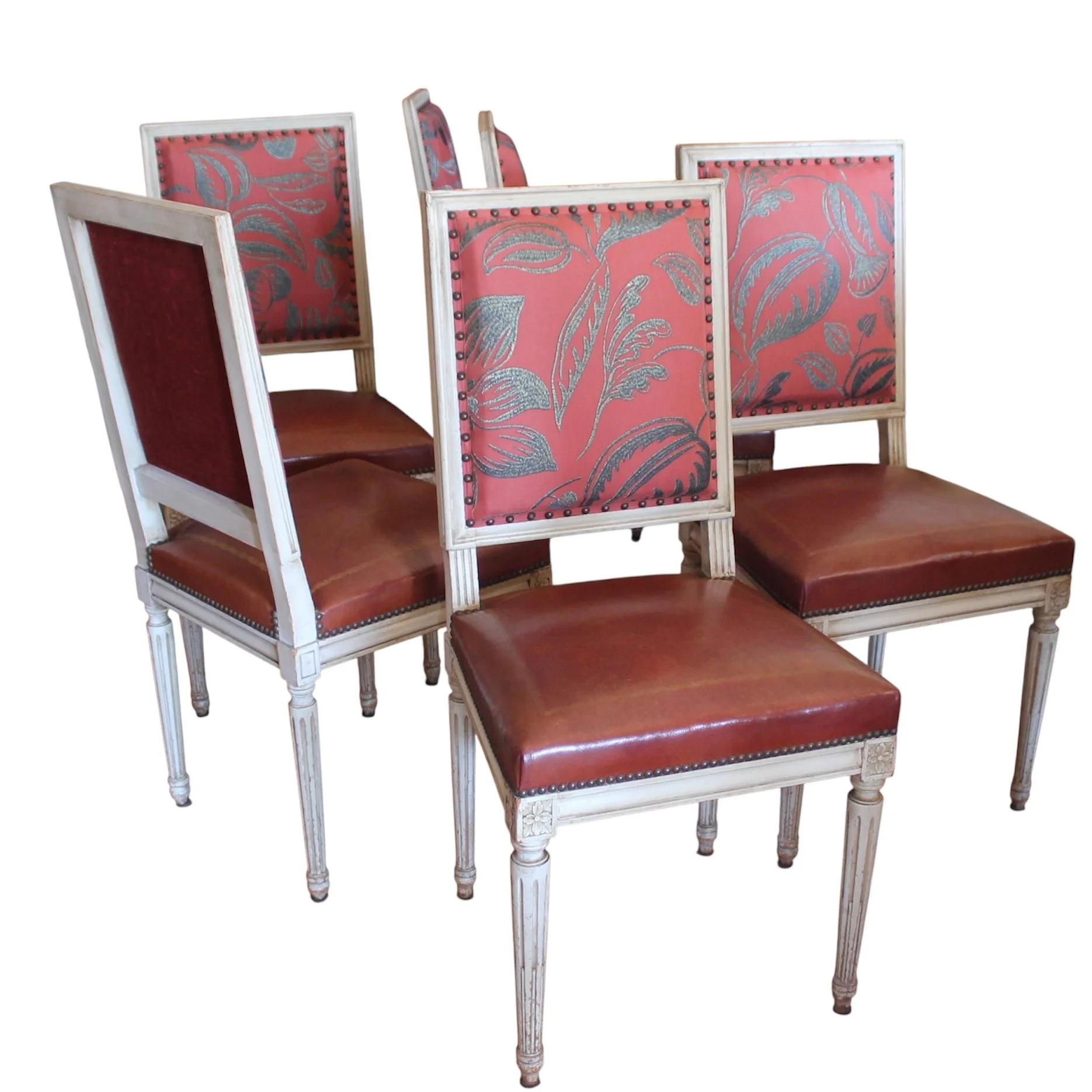 Set of Six French Painted Dining Chairs, Louis XVI Style