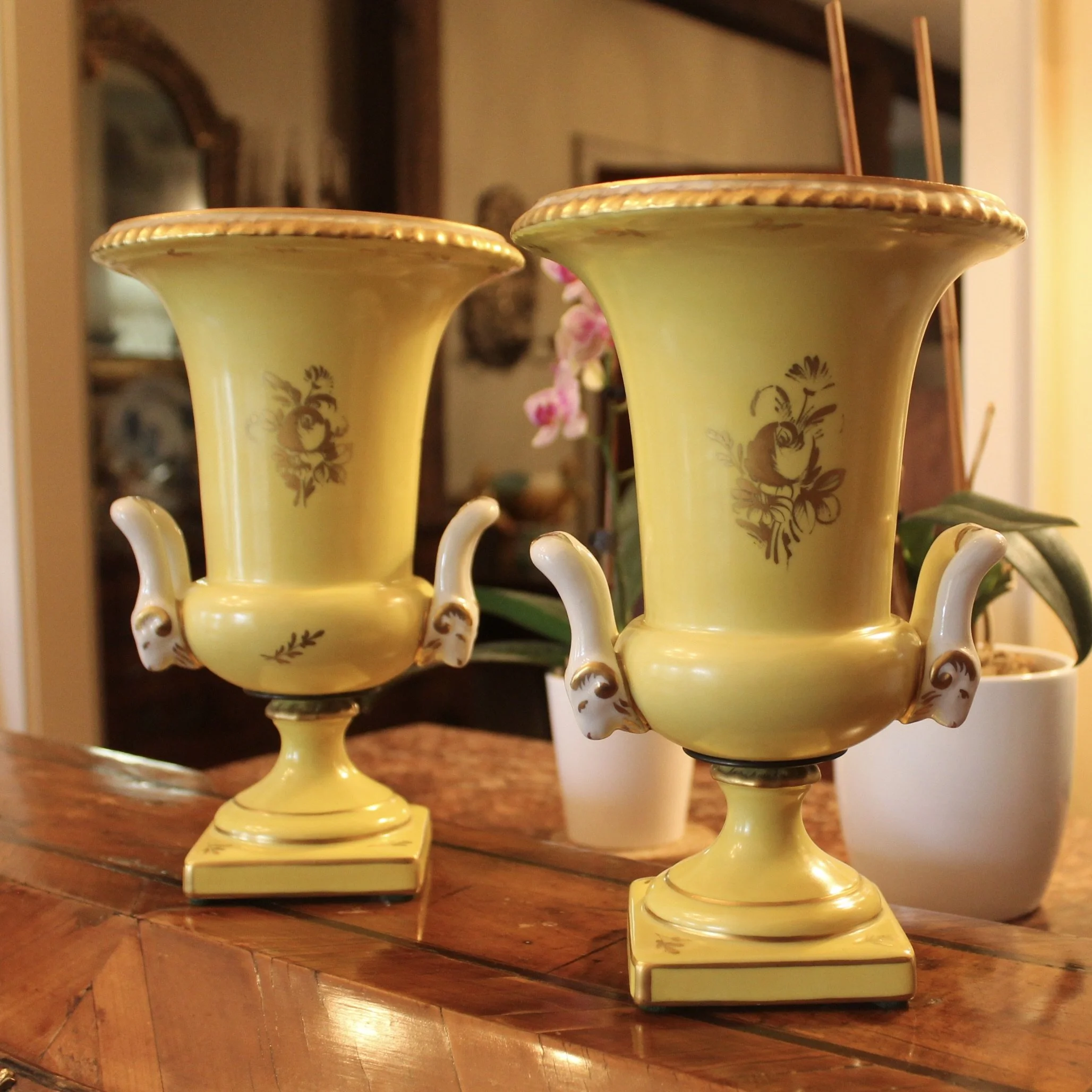 Pair of Paris Porcelain Yellow Glazed and Gilt Urn CACHEPOTS