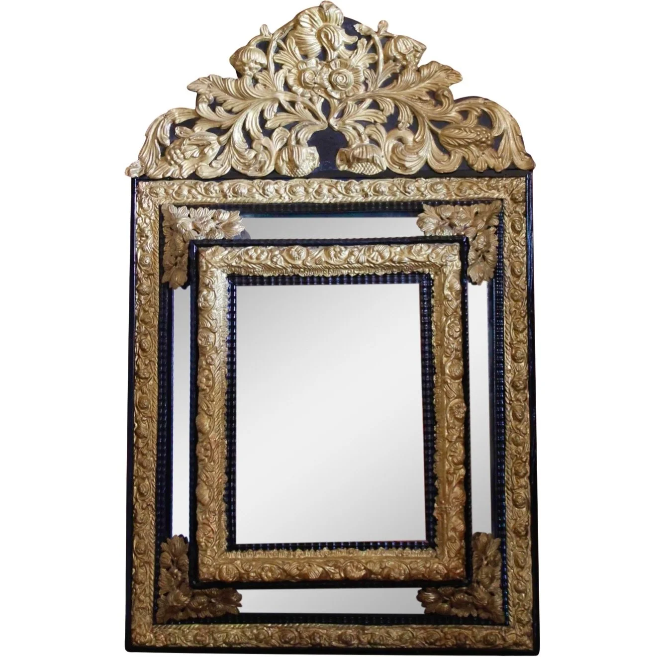 Dutch Baroque Style Cushion Mirror With Gilt Brass Repoussé Mounts