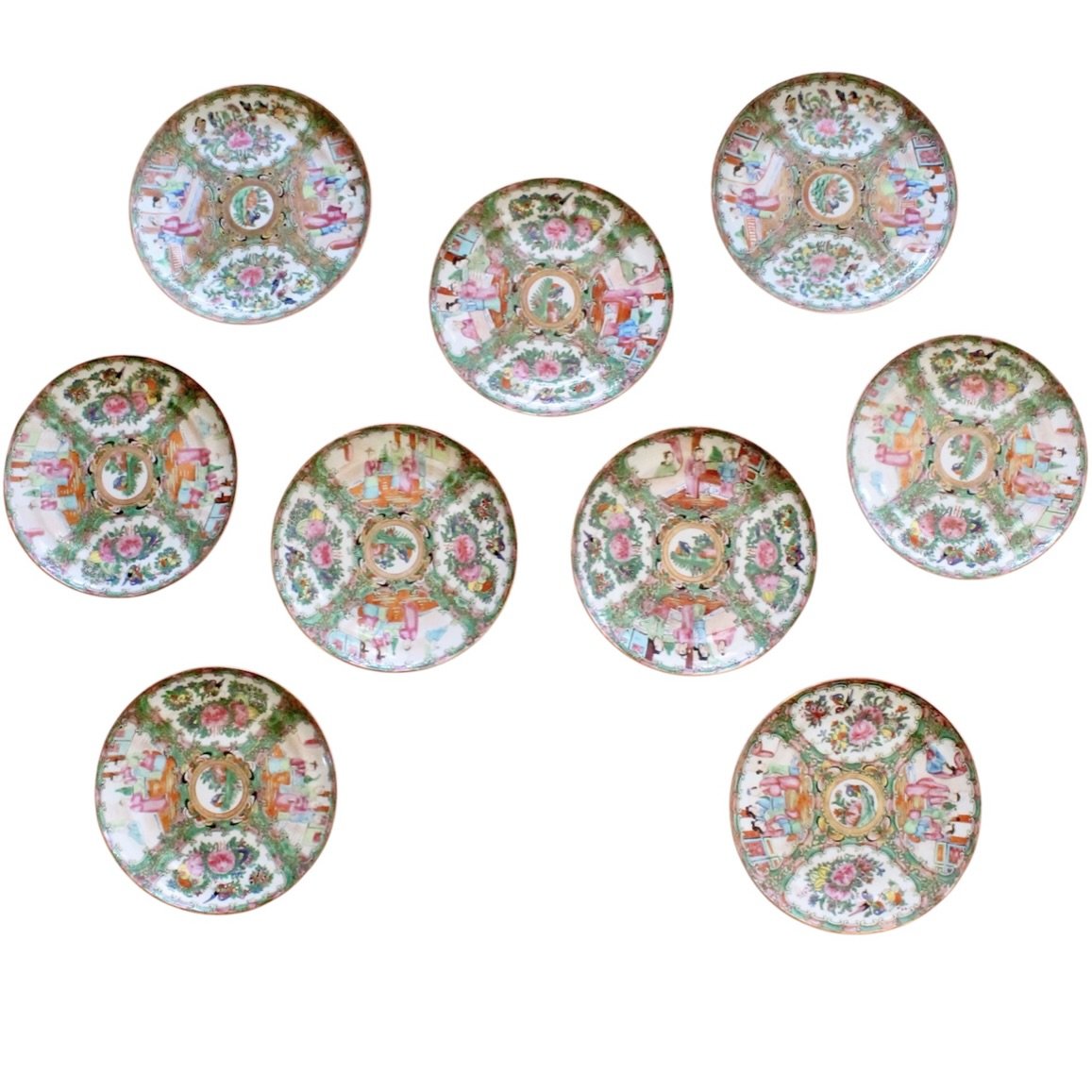 Rose Medallion Porcelain Plates, antique, set of nine