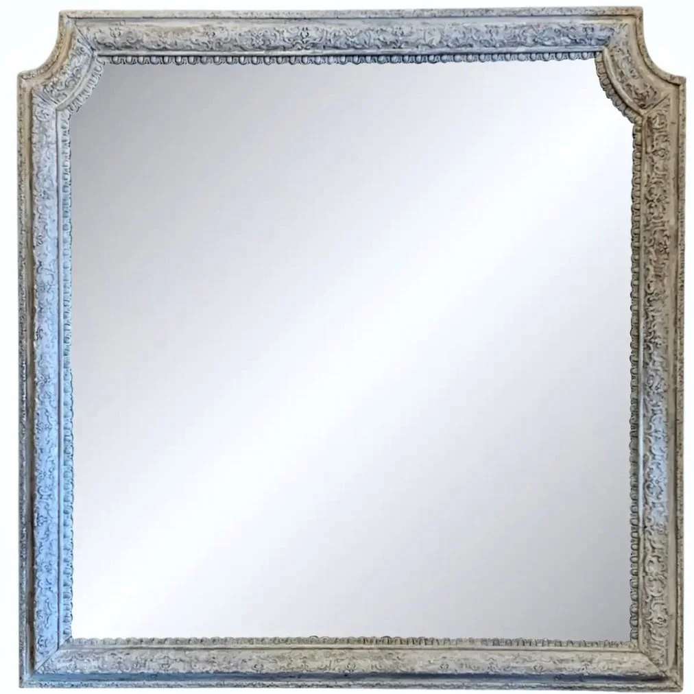 French Grey Painted Carved Oak Pier Mirror / Over Mantel Mirror, 18th century