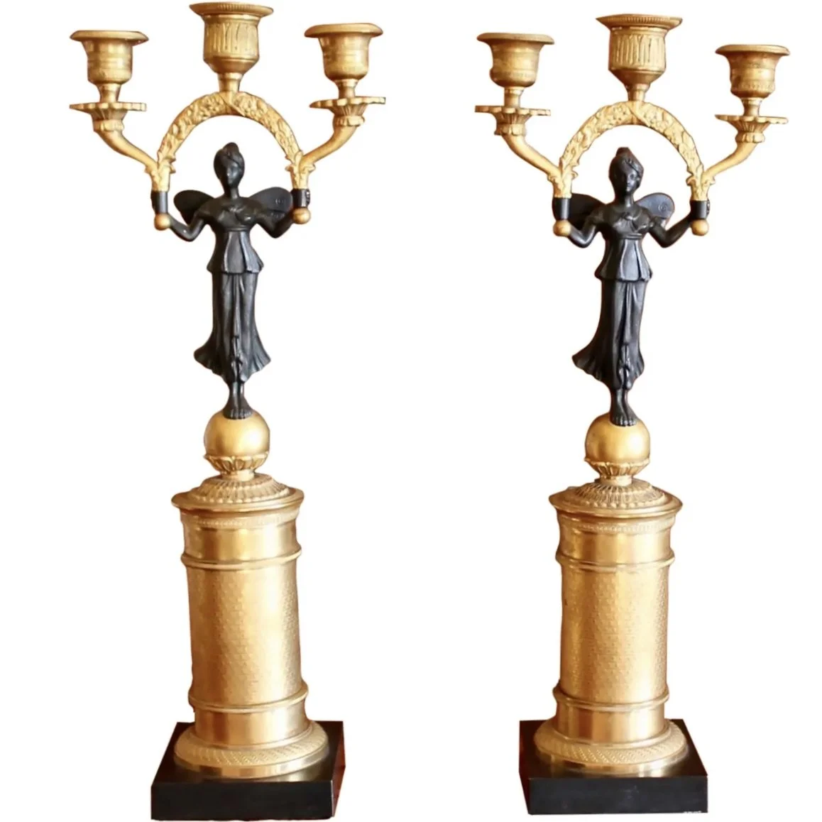 Pair of Continental Gilt Figural Neoclassical Candelabra