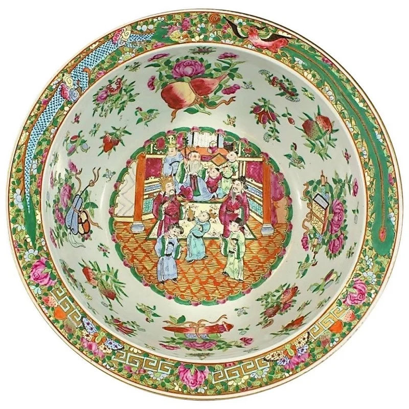 Large Rose Mandarin Basin with Dragon Decorated Rim