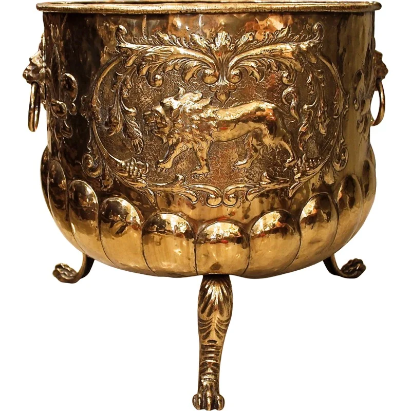 Magnificent Footed Brass Repoussé Wine Cooler Pot 