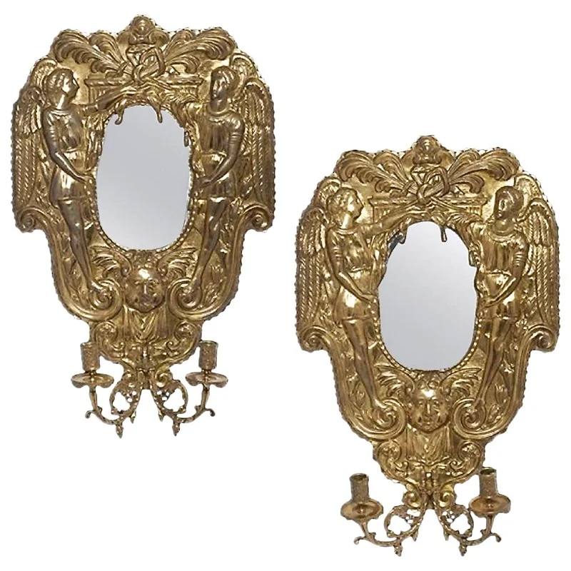 Pair of Continental Polished Brass Repoussé Two Light Mirror Sconces