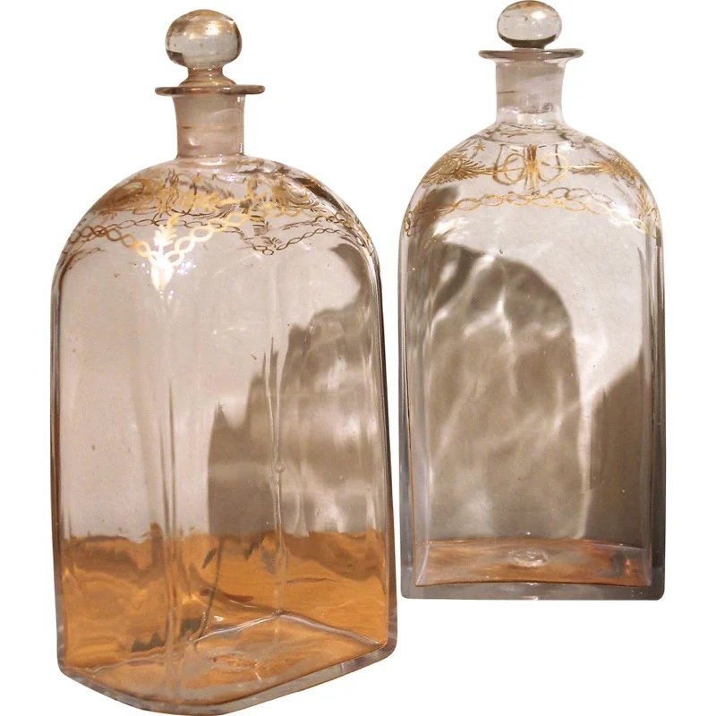 Pair of Glass Decanters with Gilt Decoration, Probably French